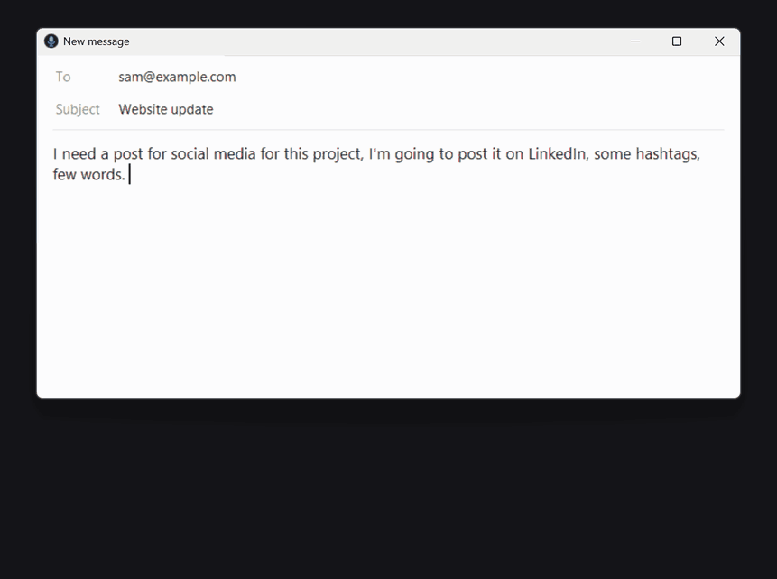 ThumbTalk demo: dictating an email with paragraph breaks