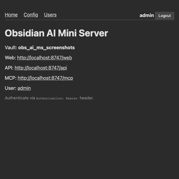 Home page showing admin user