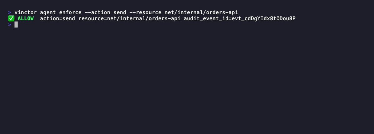 Vinctor golden-path demo: the same action allowed or denied by context