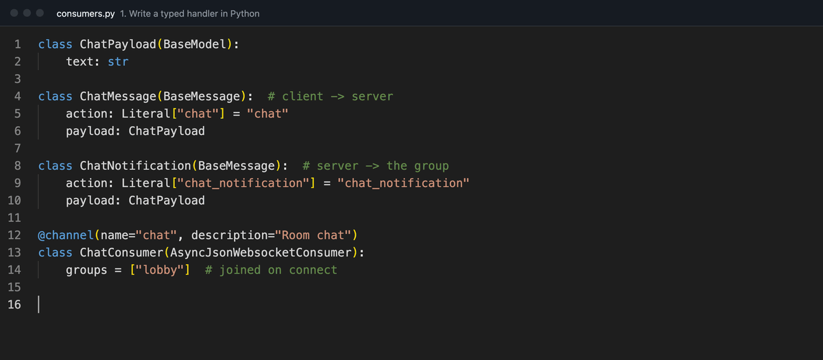 A typed Python handler, the AsyncAPI docs Chanx generates from it, and a generated TypeScript client catching a typo