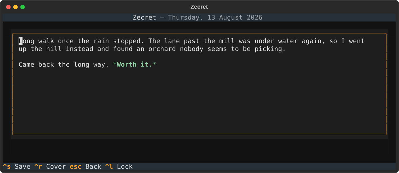 Writing a day's entry: the date in the header above a full-height text area, with one phrase between asterisks picked out in colour and bold