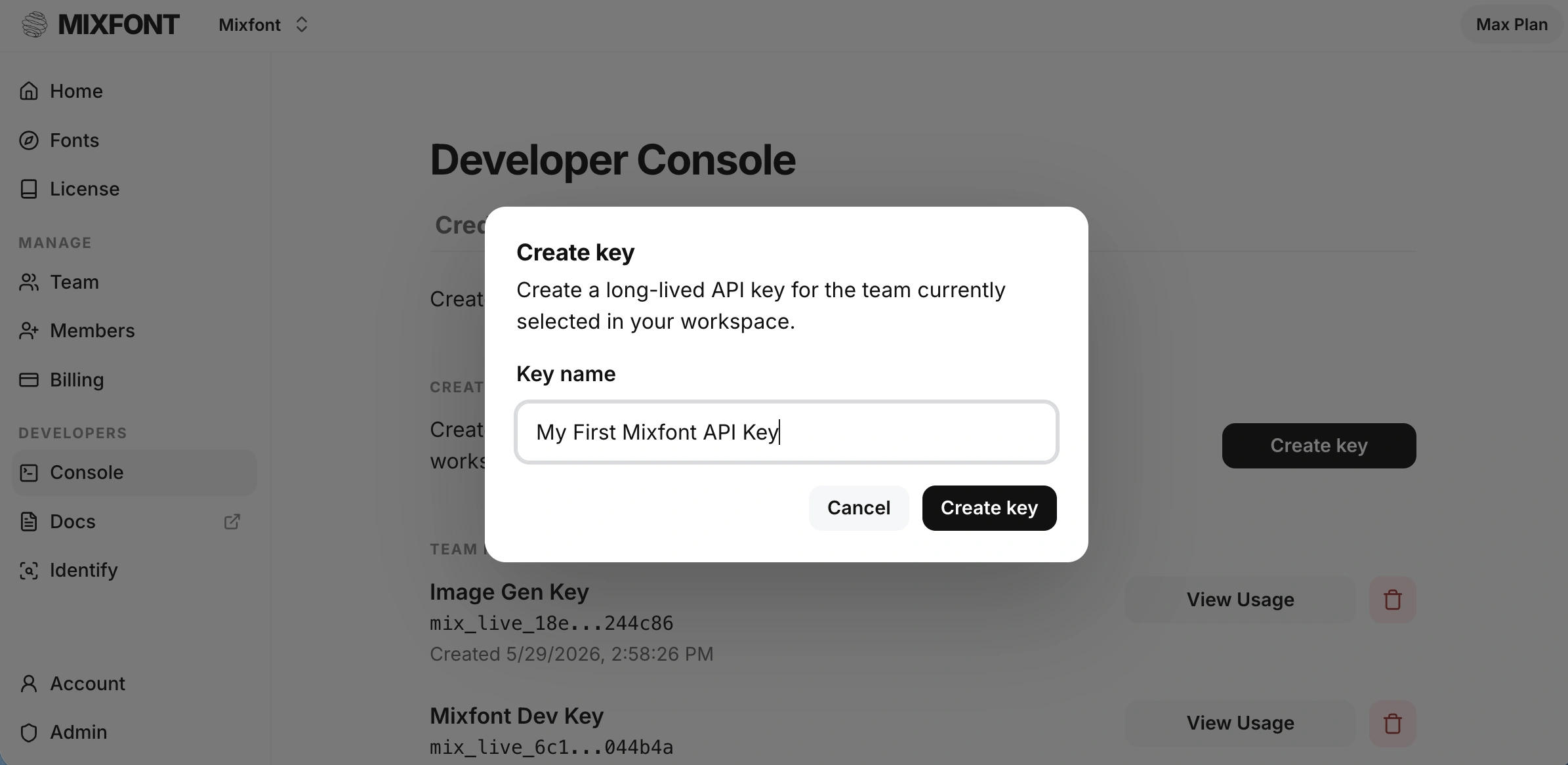 Developer Console Key Creation Flow