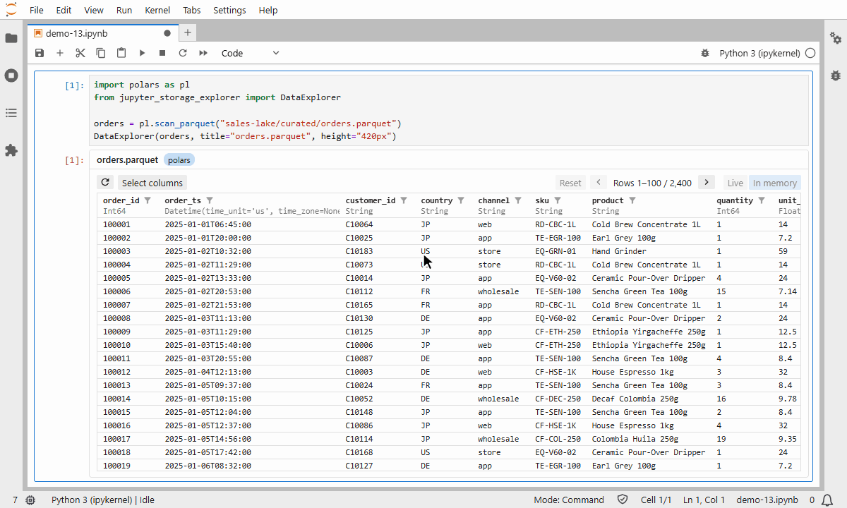 DataExplorer in a notebook: a Parquet file paged through, columns hidden, filtered and sorted