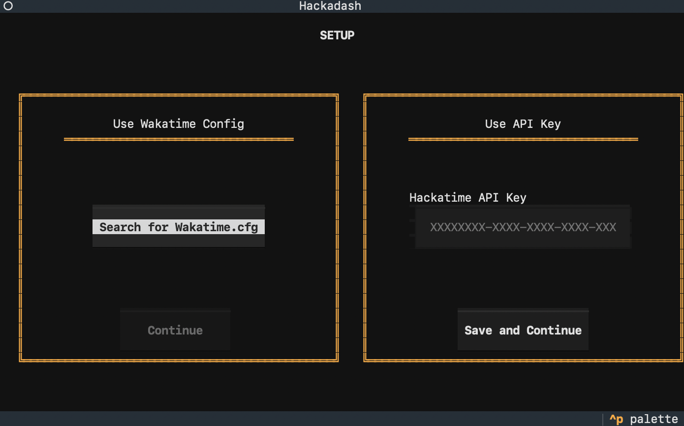 Hackadash Setup Screen