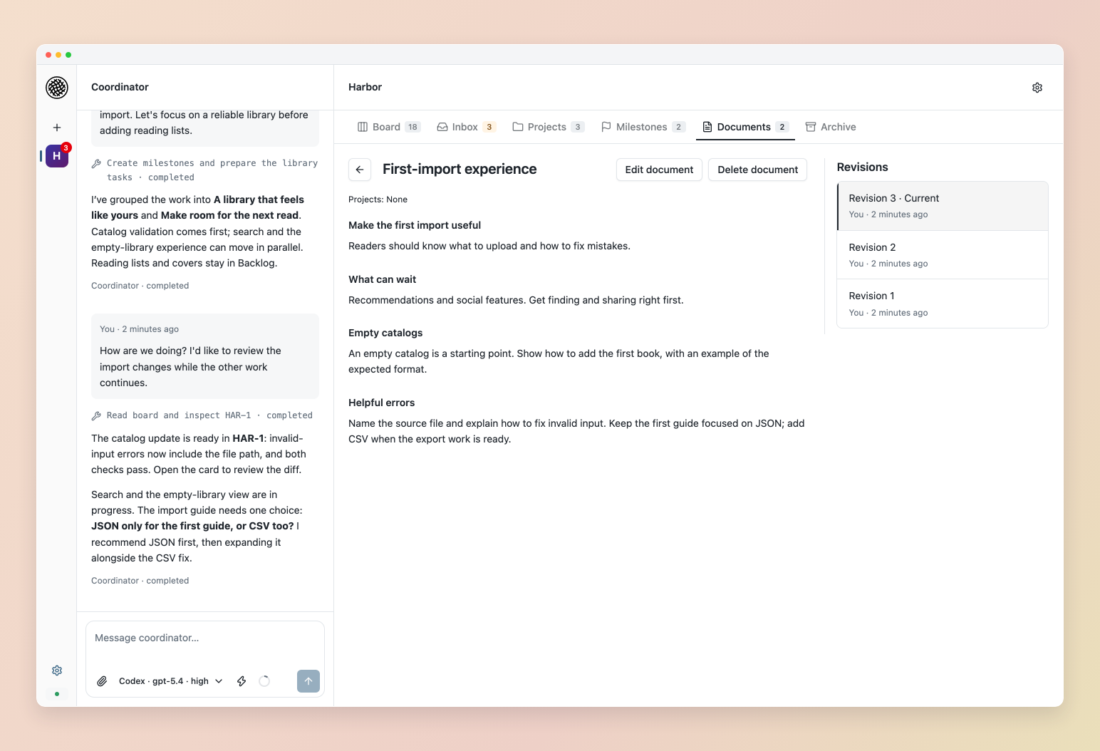 Shared workspace document with revision history