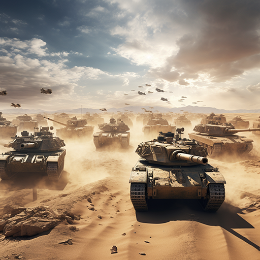 many military tanks rolling in parallel on the desert