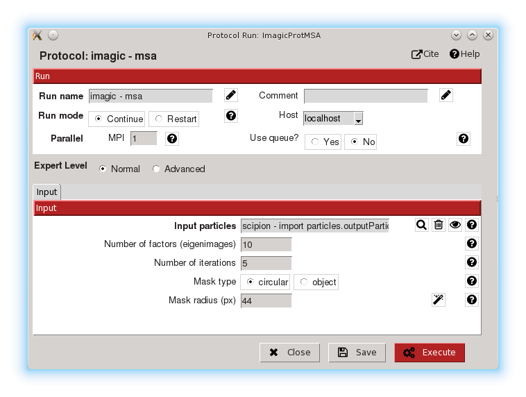 GUI input form of the imagic - msa protocol