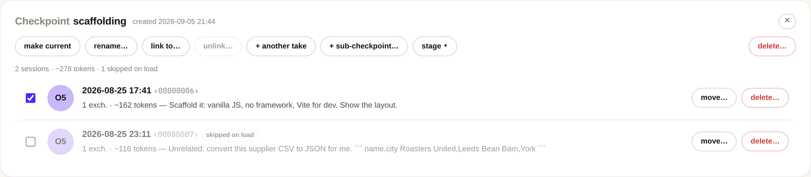 A checkpoint's sessions; one unticked and skipped on load