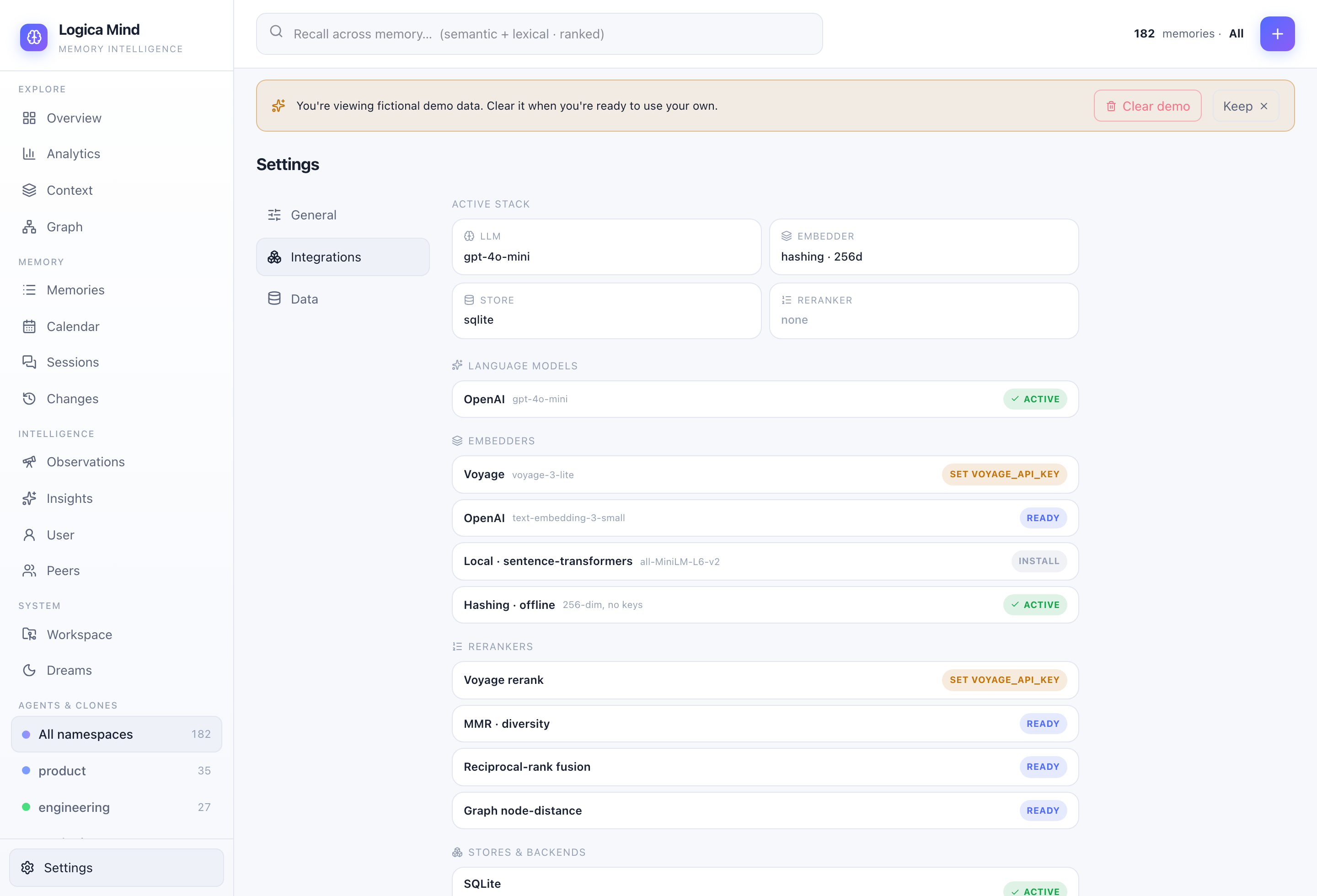 Integrations — the live stack with provider auto-detection