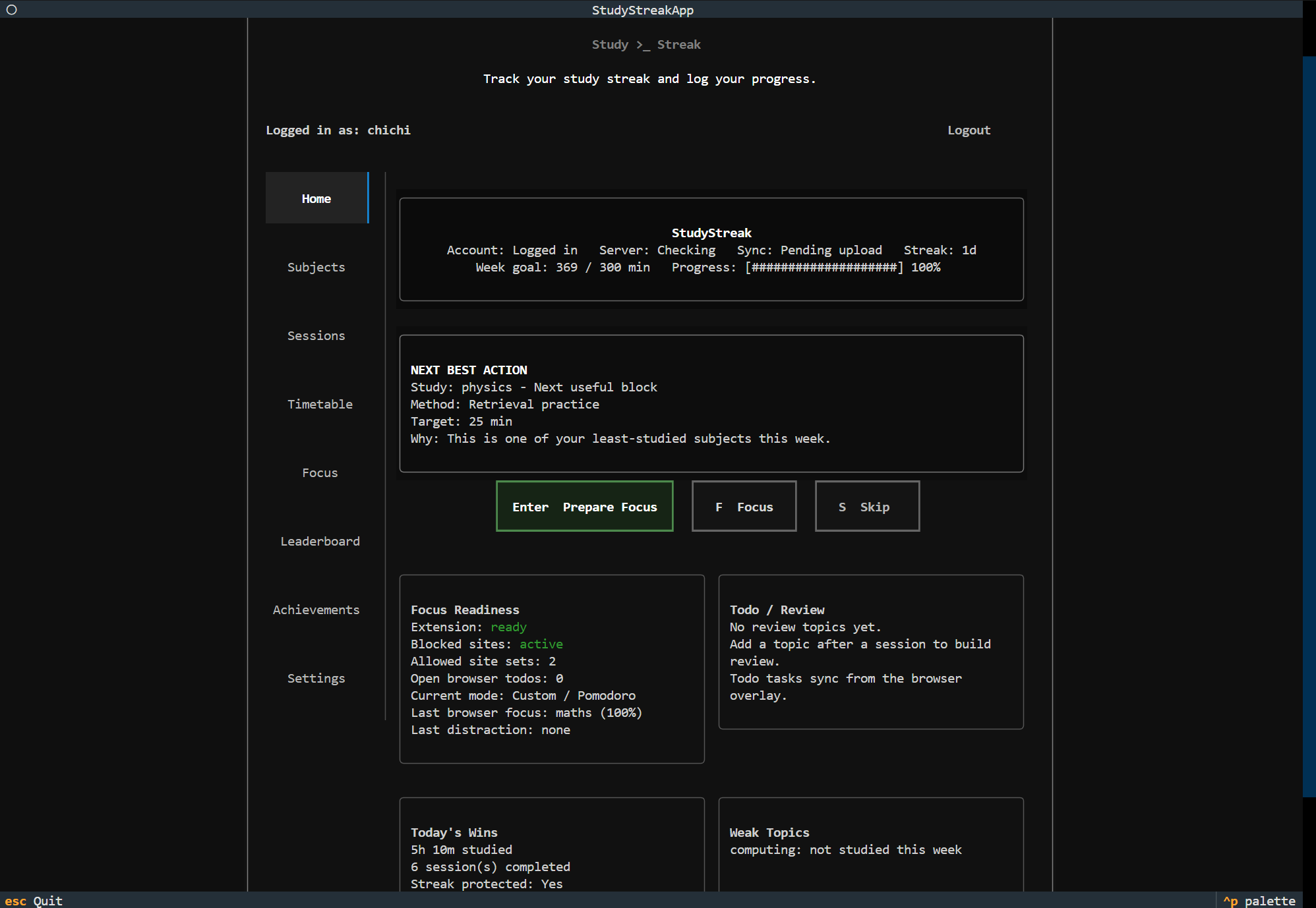 StudyStreak dashboard screenshot