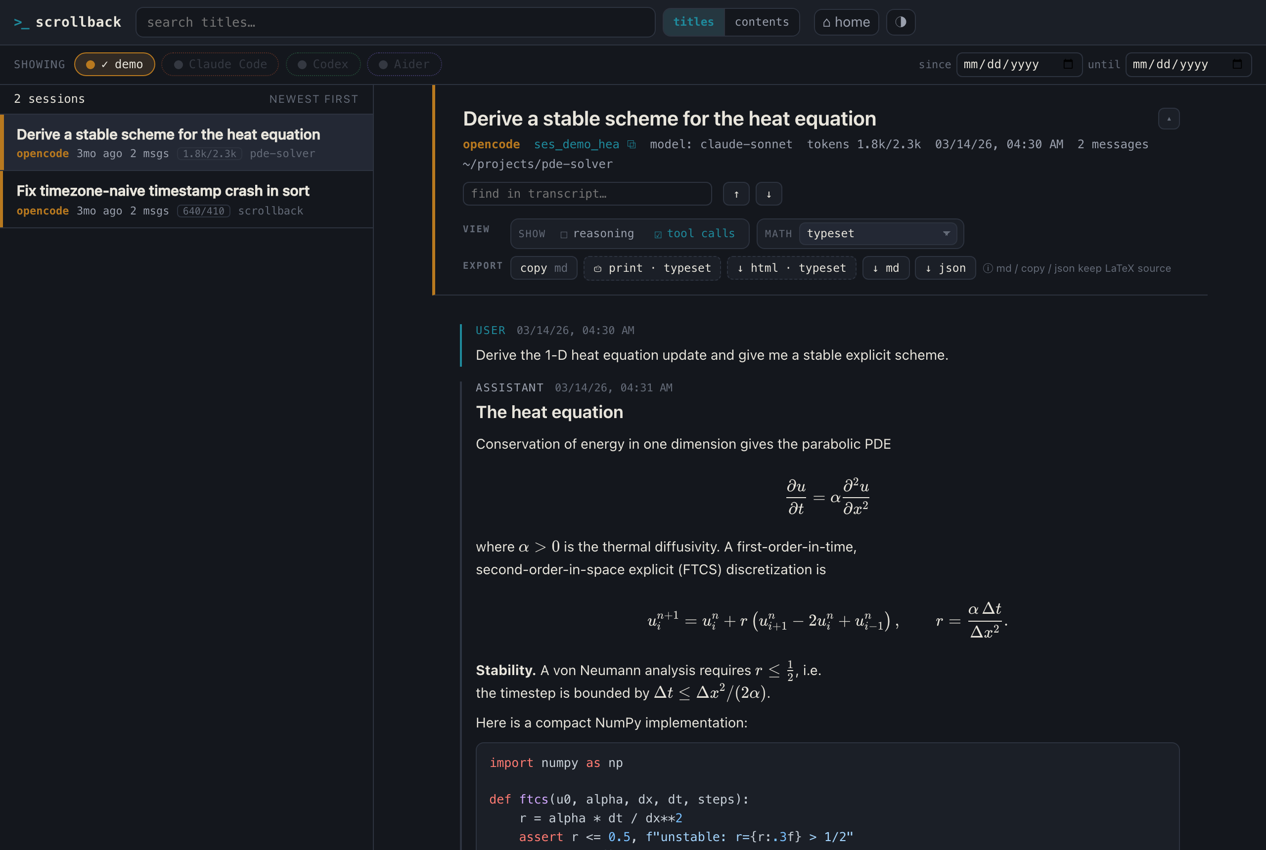 The scrollback web app showing a session list beside a transcript with rendered Markdown, highlighted code, and typeset equations.