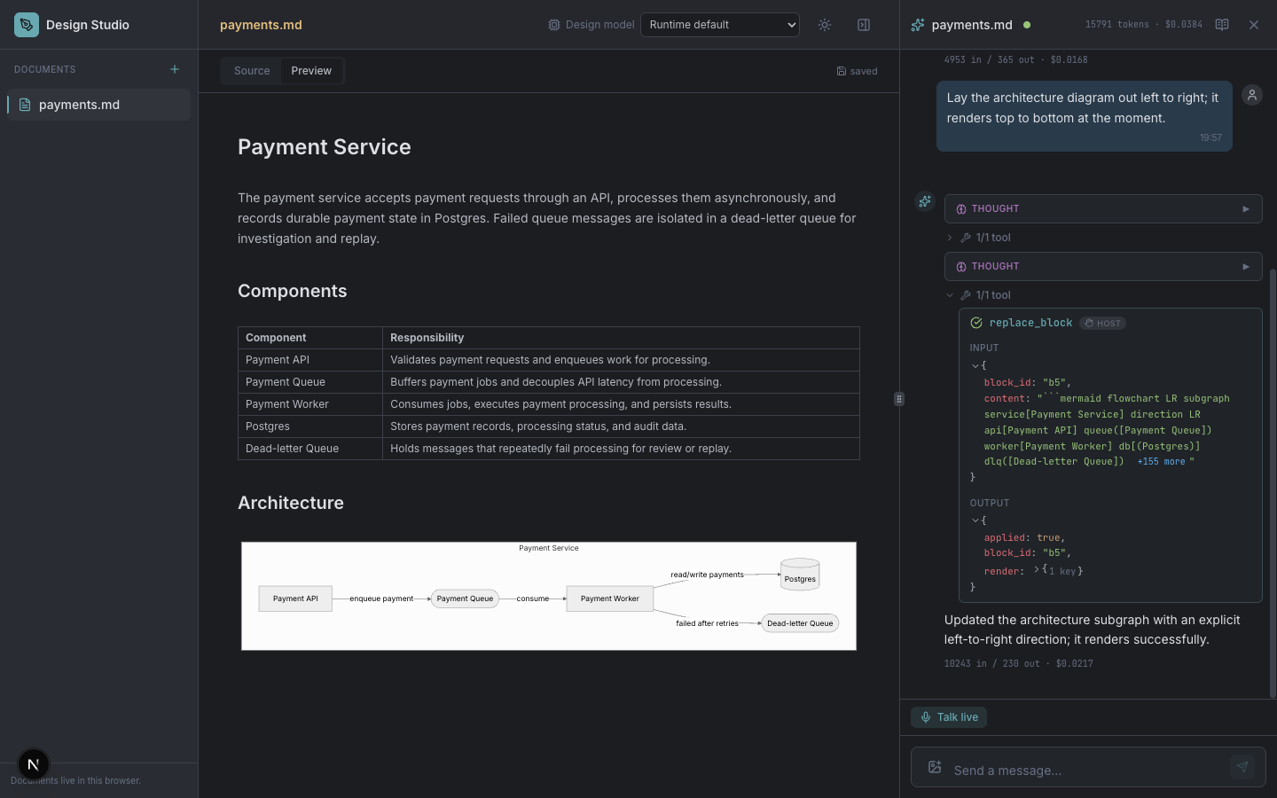 Design Studio showing a design document, Mermaid diagram and assistant actions