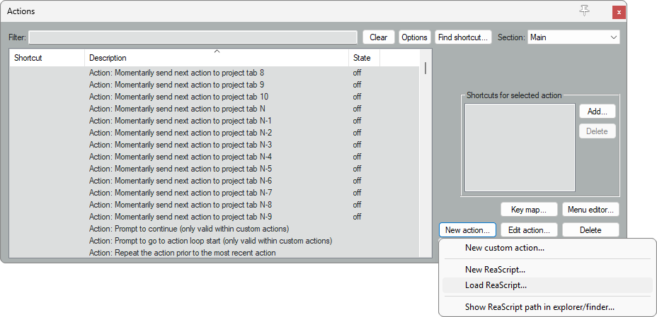 The action list with the New action menu open and Load ReaScript highlighted