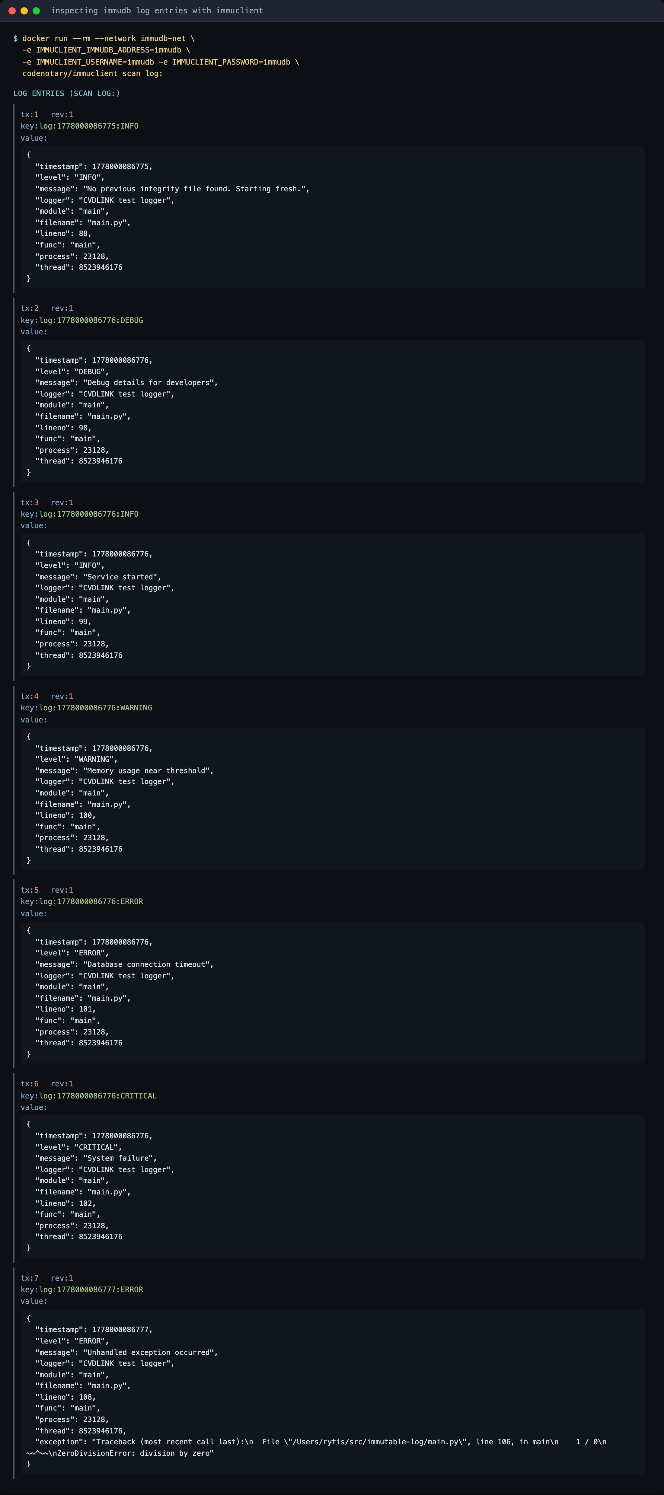 immuclient scan output showing log entries with tx, key, and JSON value