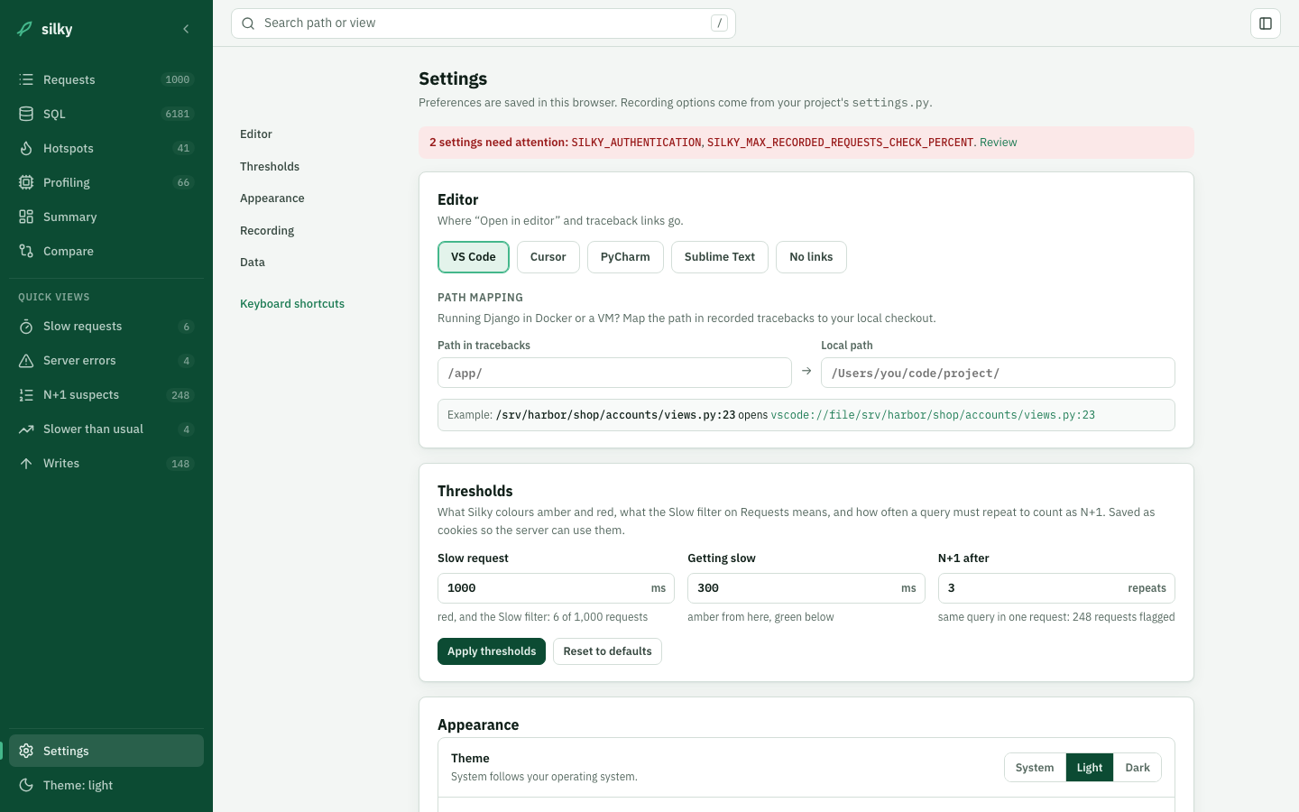 Settings page