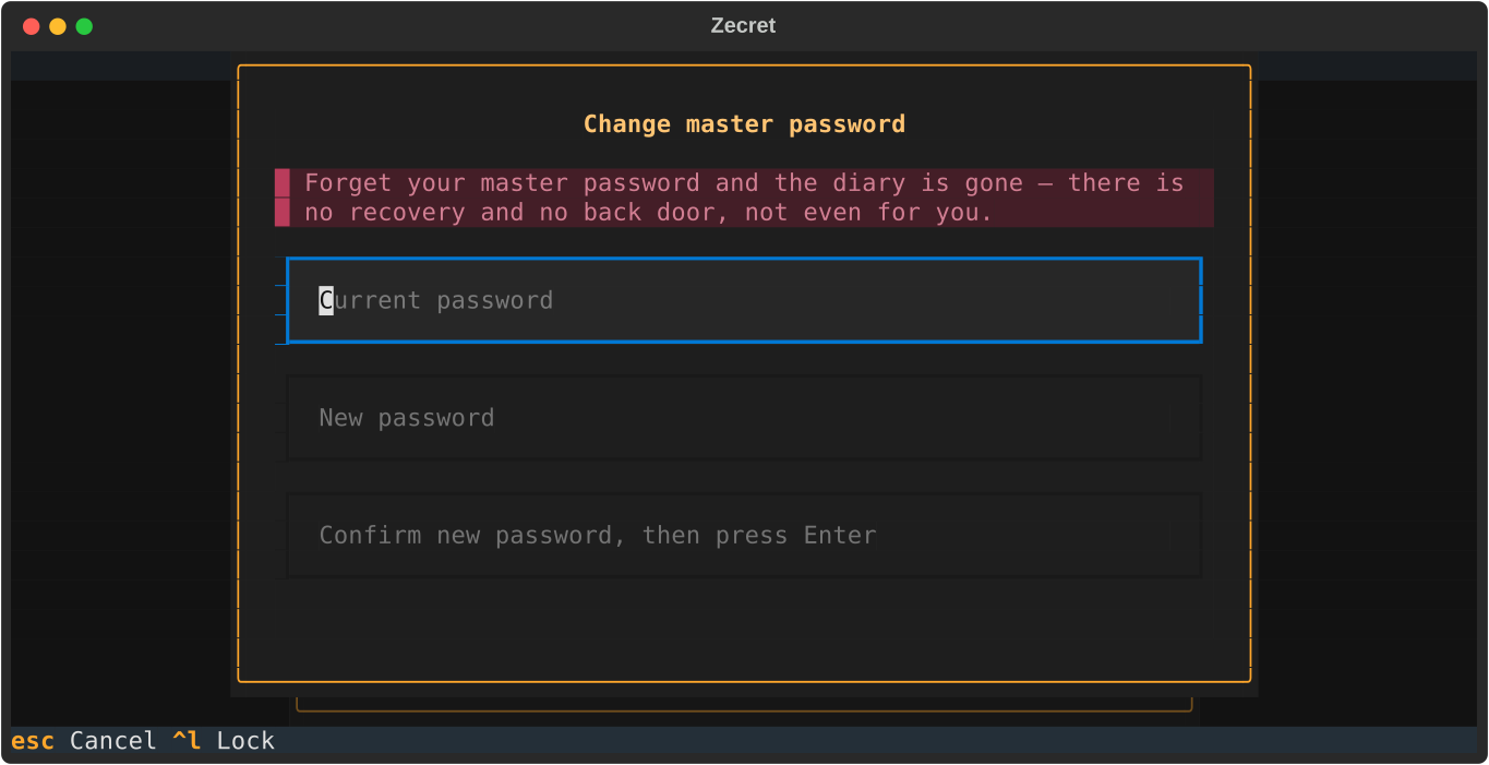 The change-password dialog: a red warning that a forgotten password loses the diary, above the current, new and confirm fields