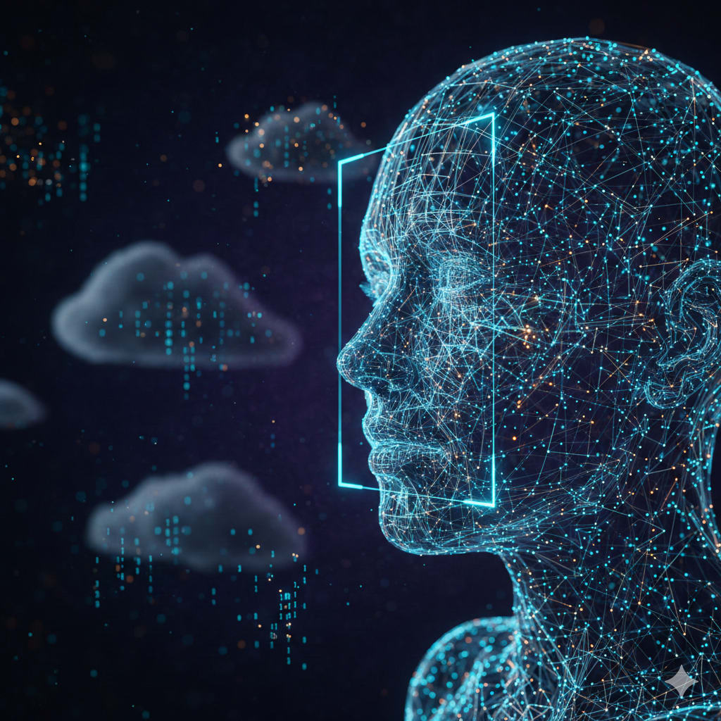 3D visualization of AI facial recognition technology showing a translucent data-fiber bust being analyzed by digital sensors, set against a dark blue high-tech cloud background.