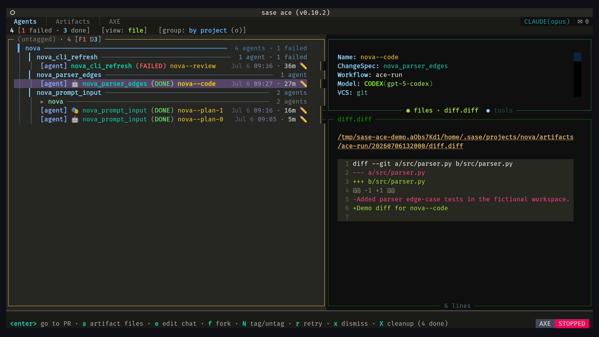 SASE ACE Agents tab showing live runs, retry chains, diffs, chats, and artifact files