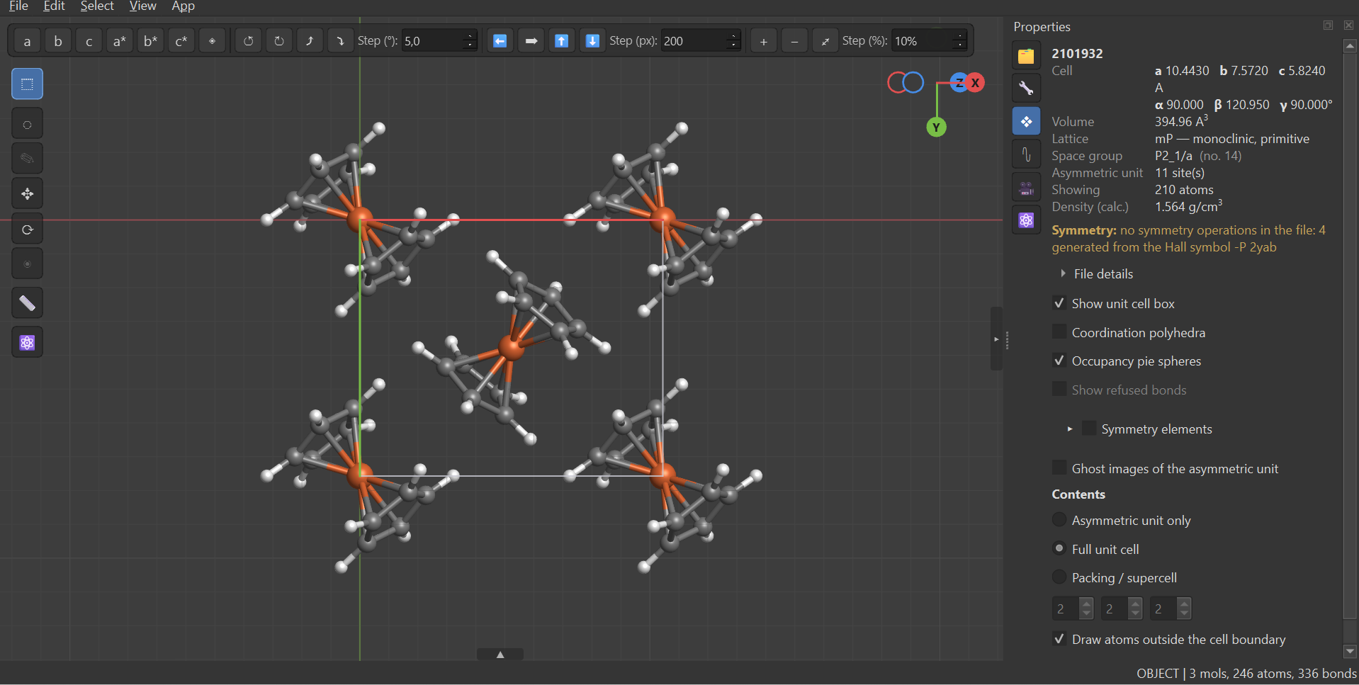 The same file's full unit cell, with the crystal properties page open