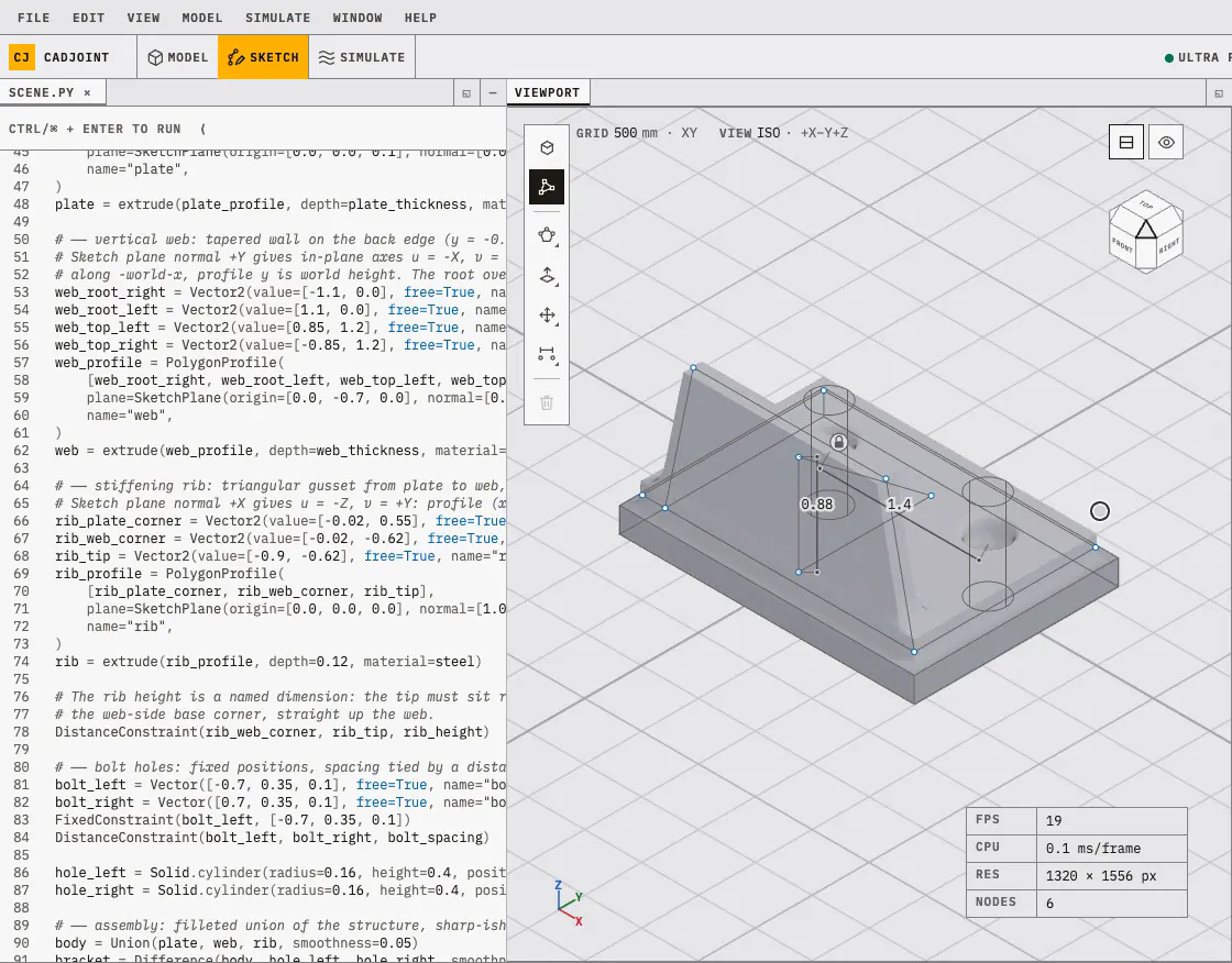 The bracket scene in the cadjoint playground: with the pointer in vertex selection, the tip of the bracket's triangular gusset rib is dragged up the vertical web. The rib re-attaches where the pointer puts it and the smooth union re-blends the joint at frame rate while the plate and web stay put; the editor on the left holds the highlighted line rib_tip = Vector2(value=[-0.9, -0.62], free=True, ...). Then the camera makes one full turn around the bracket.