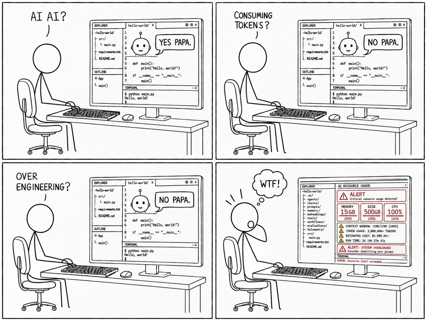 A comic about an AI agent denying over-engineering before a stack of resource monitors catches fire.