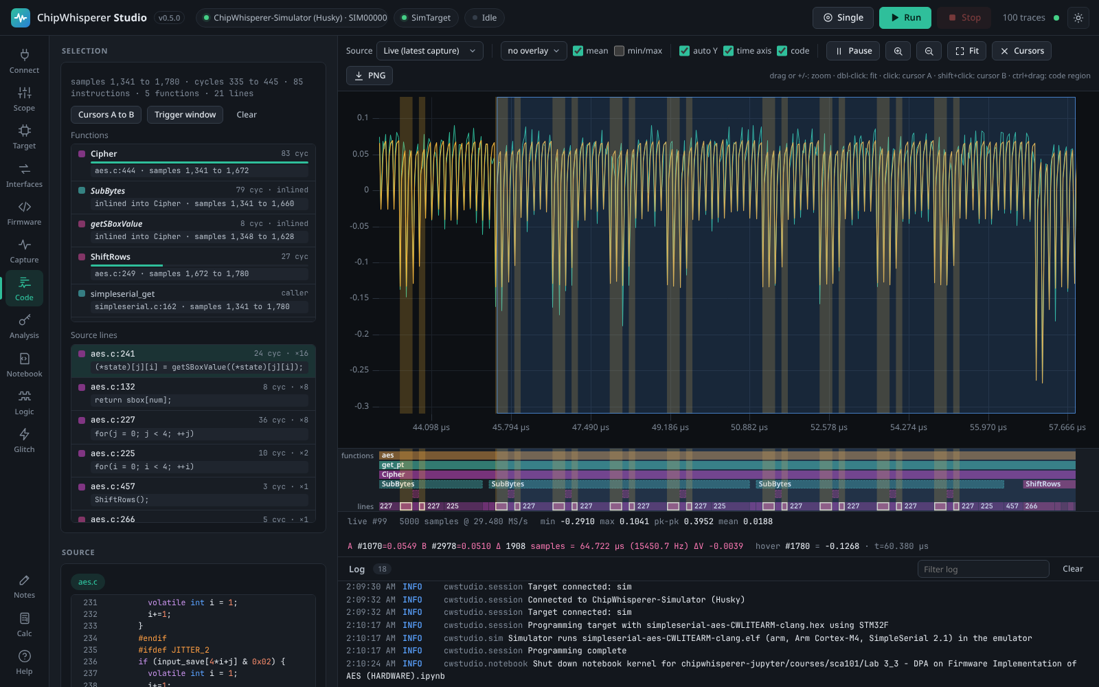 Code band under the waveform with a selected region and its source lines