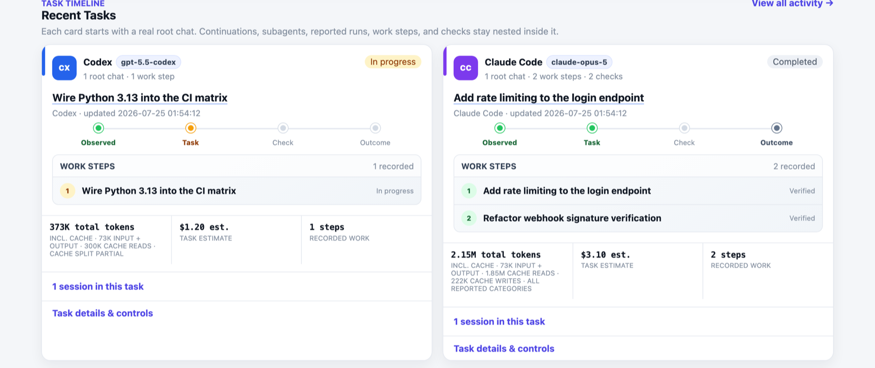 agentacct dashboard: recent tasks with work steps, checks, and per-task token totals