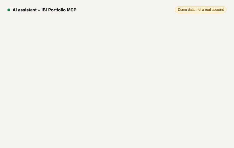 Demo: asking an AI assistant "How is my IBI portfolio doing?" and getting a short answer with a table of the biggest positions