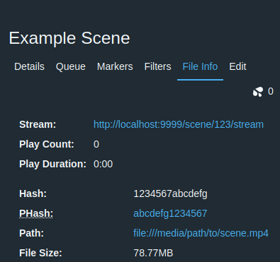 Screenshot illustrating the file info tab of a scene in stash