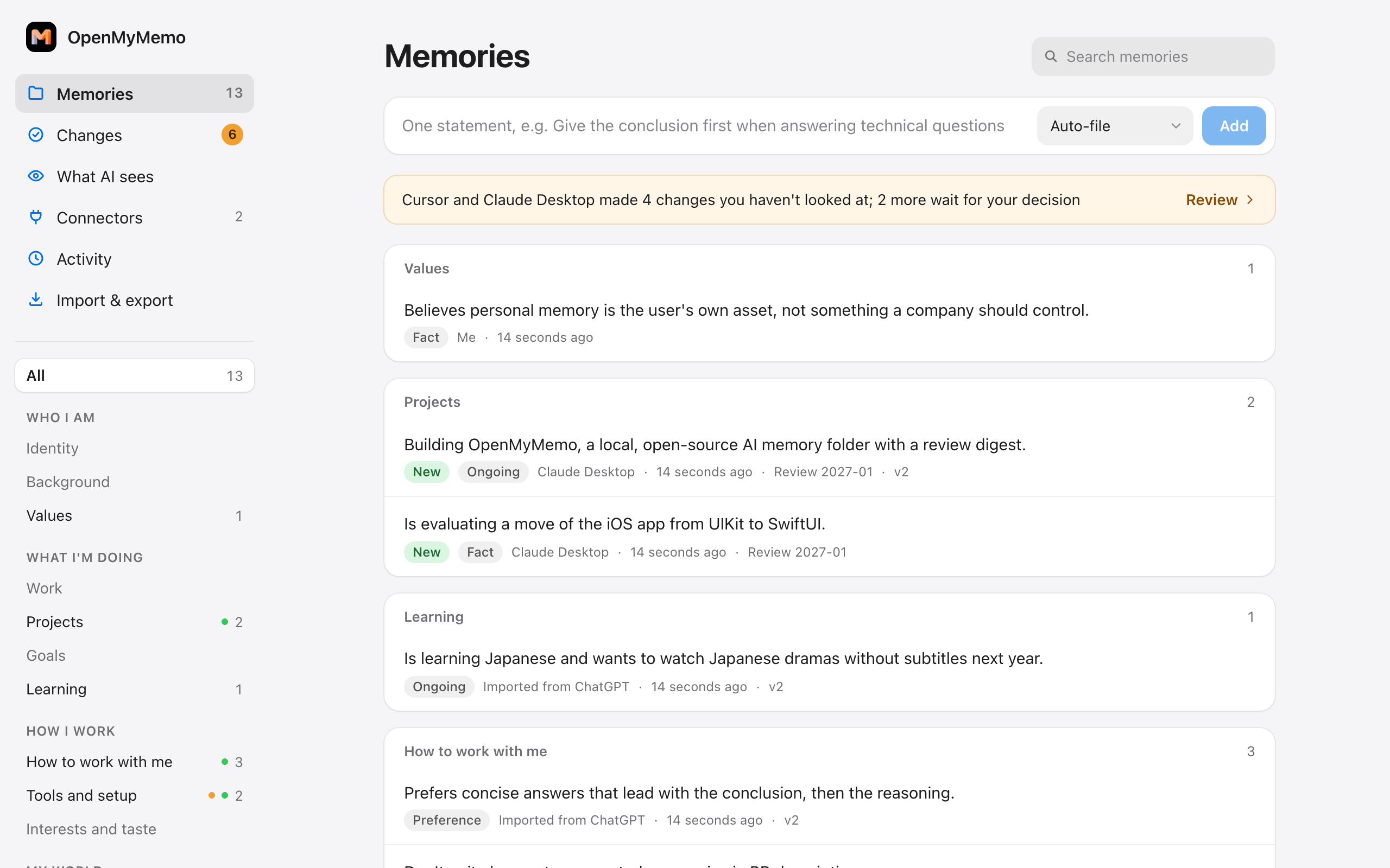 The OpenMyMemo panel: memories grouped by topic, each showing where it came from, and a note that AI apps made changes to review
