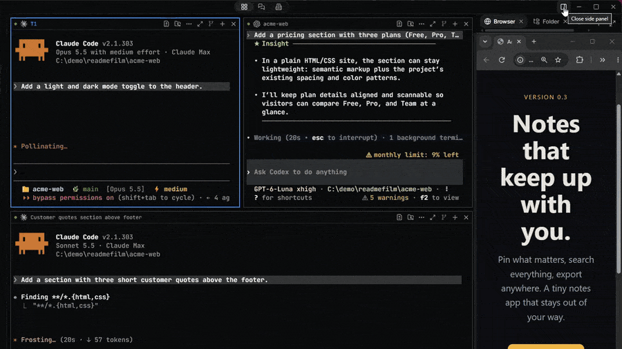 Dodaios: three coding agents working side by side in the Agentic IDE, with the browser, files and a Git diff