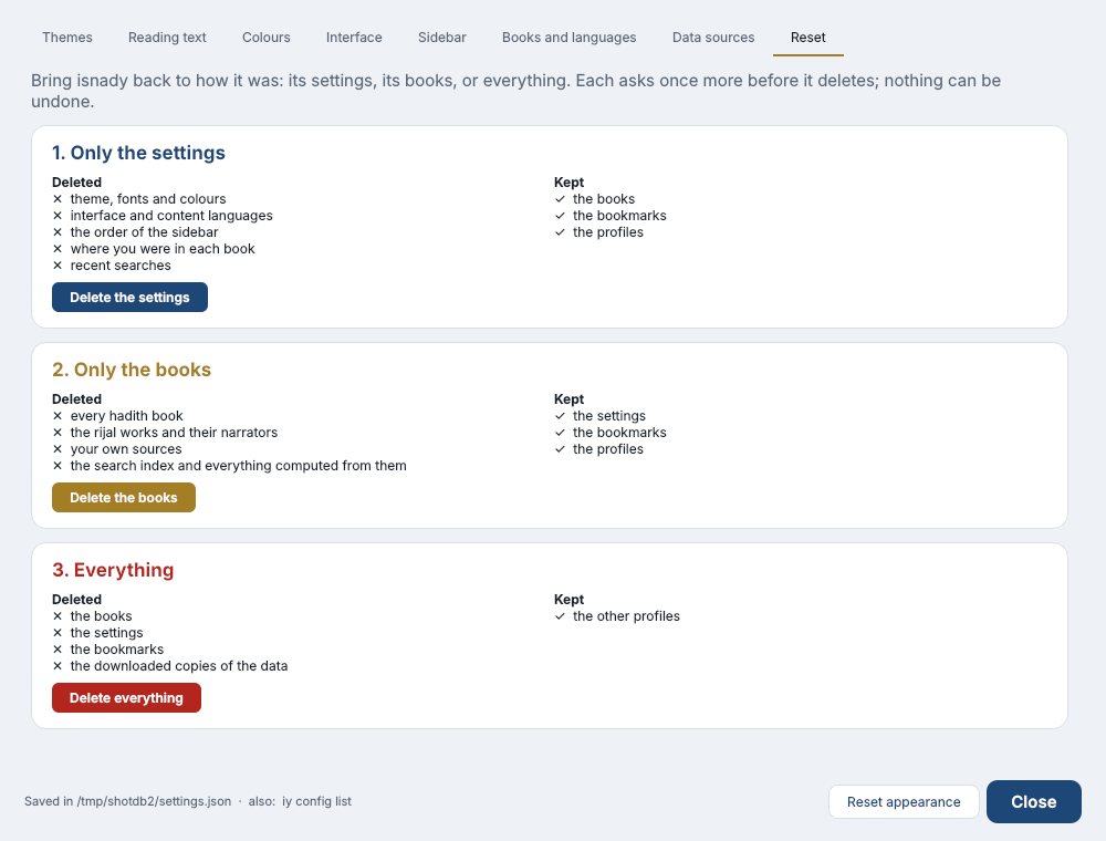 Settings → Reset — three cards: only the settings, only the books, everything; each says what is deleted and what is kept