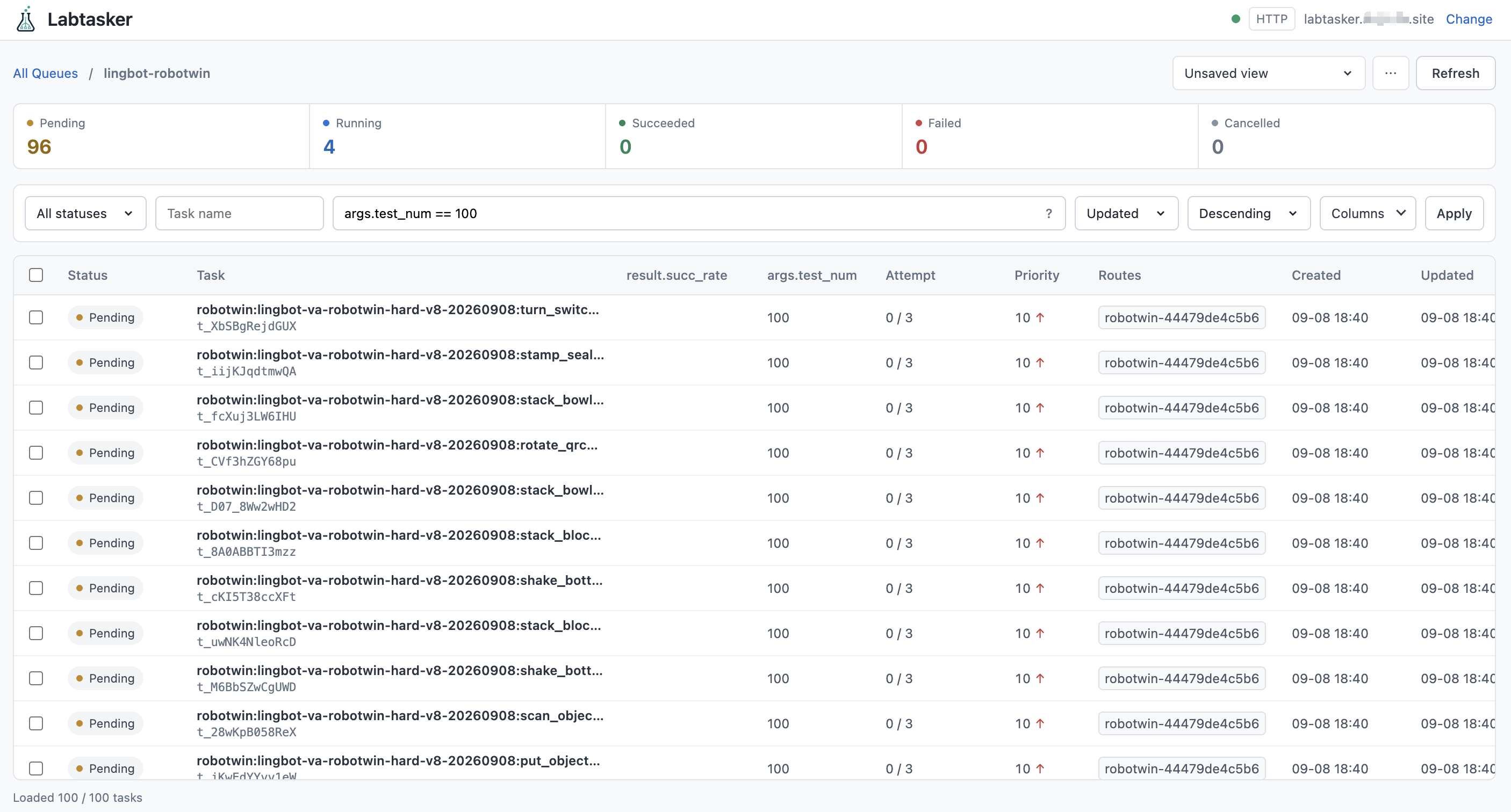 Labtasker WebUI showing Queue progress, filters, and custom Task columns