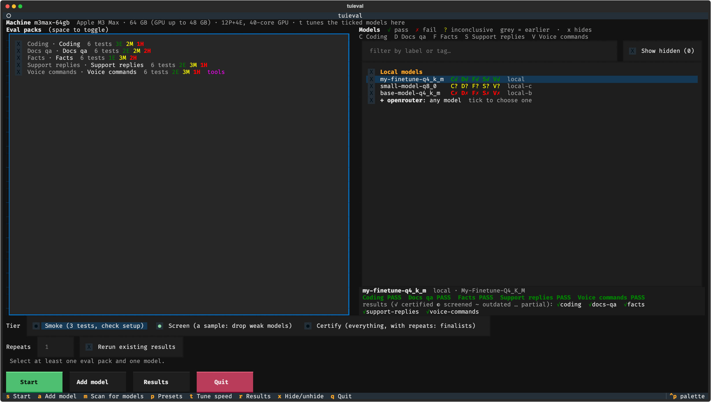tuieval's setup screen with five eval packs and a dozen local models