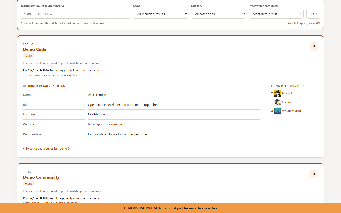 Actual Consensus HTML report showing fictional profile findings, filters and returned details