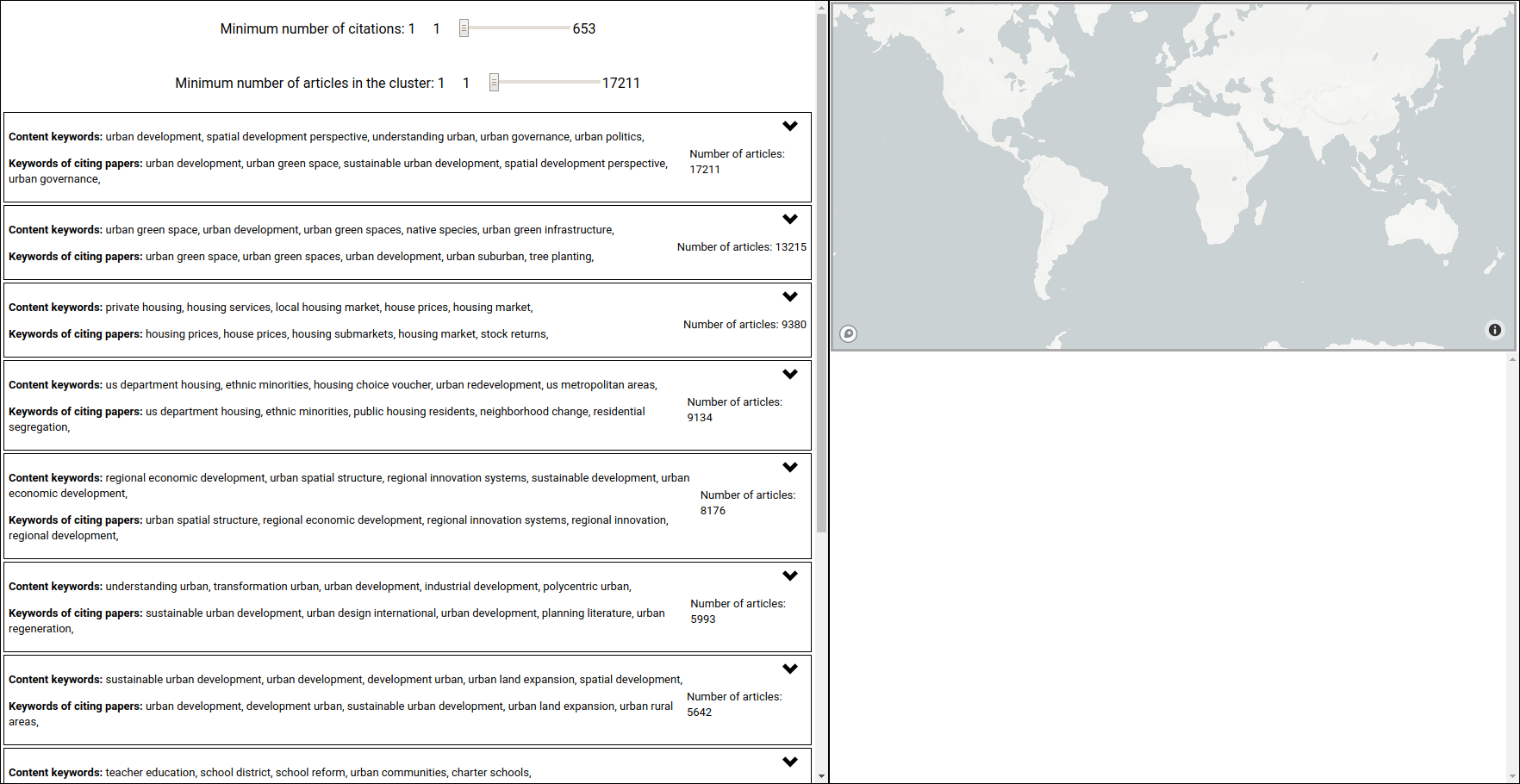 Basic interface with the map on the top right and the cluster listing on the left