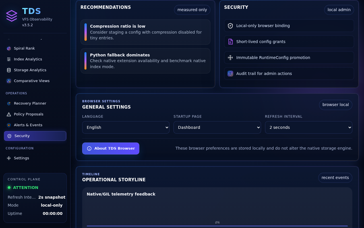 Staqtapp-TDS Browser page 18, Security, selected in the navigation