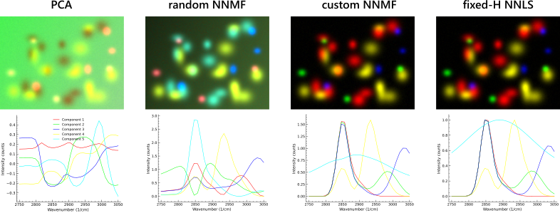 Same dataset, four modes side by side — PCA, random NNMF, seeded NNMF, fixed-H NNLS — on the synthetic quickstart data shipped with the GUI