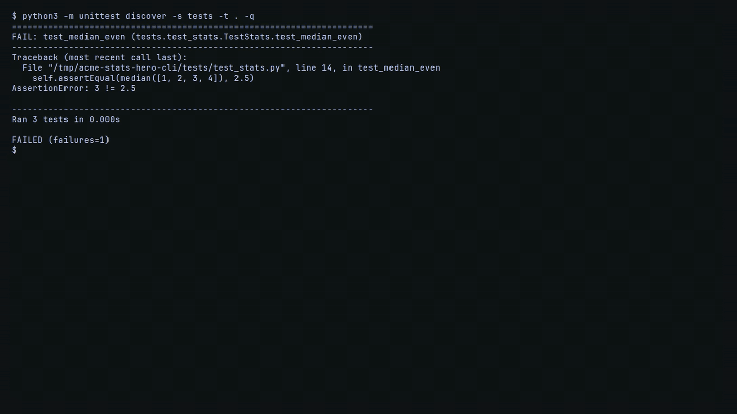 the CLI: a failing suite, one command, the run streams to a green verify and a diff