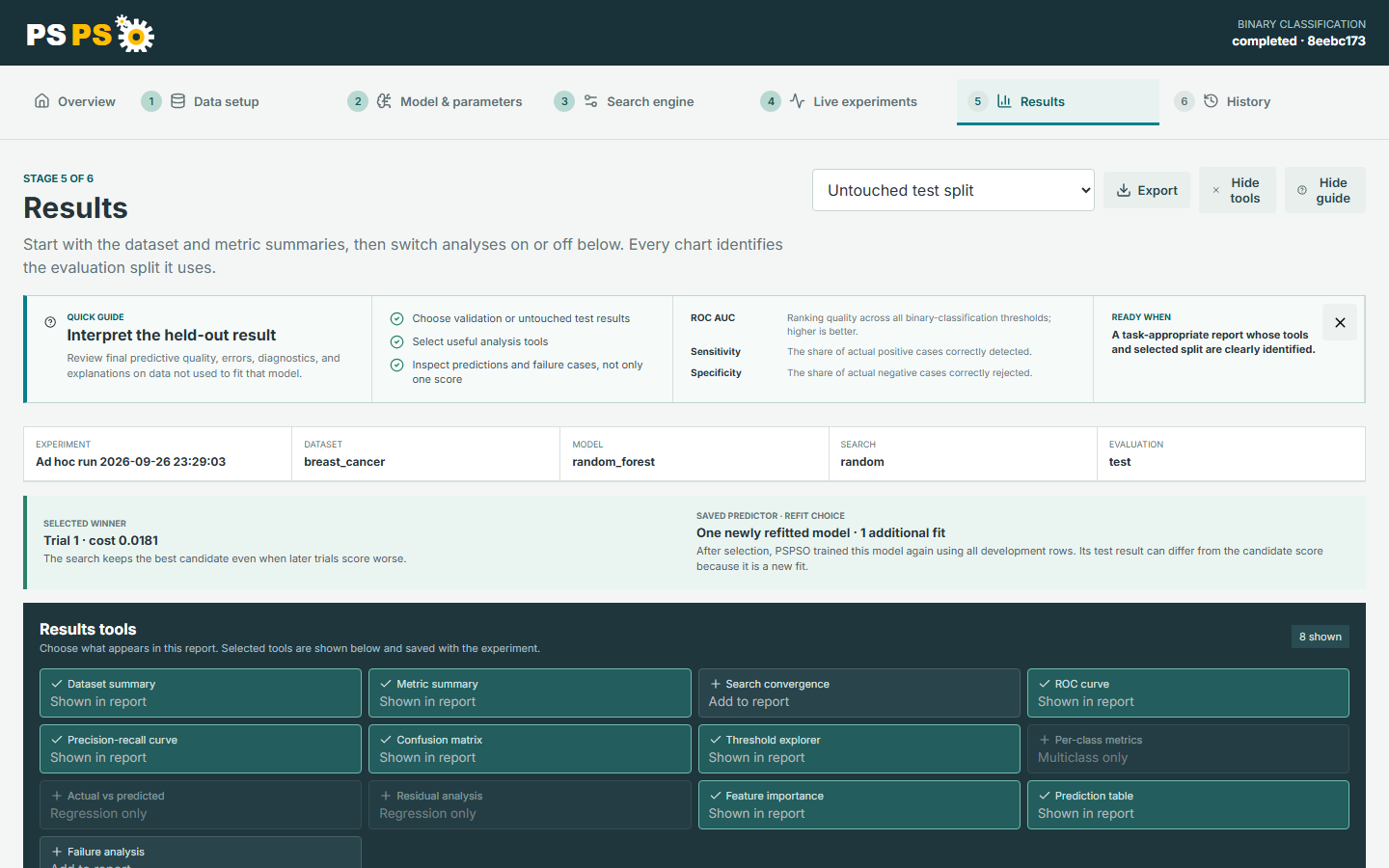 PSPSO results showing the saved predictor, selected winner, evaluation split, and analysis tools