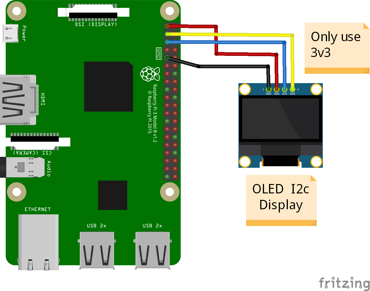 OLED I2c Circuit diagram - (ONLY with 3v3 displays)