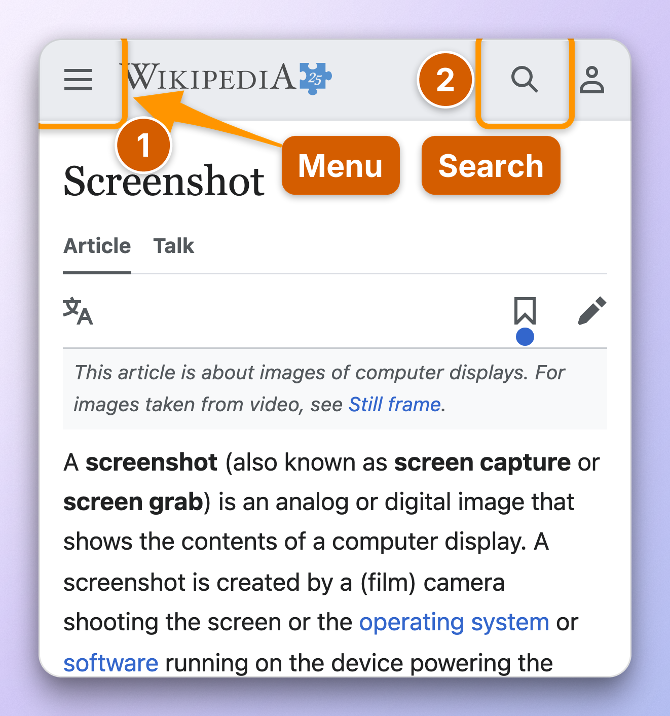 Wikipedia on a phone-sized viewport with the menu and search buttons numbered
