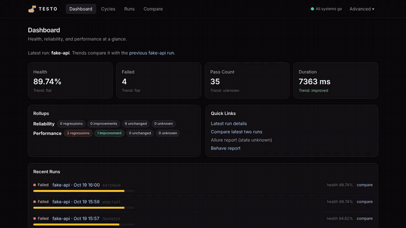 Walkthrough of the web UI: starting the fake-api cycle from the browser with live stage status and event stream, then browsing the results