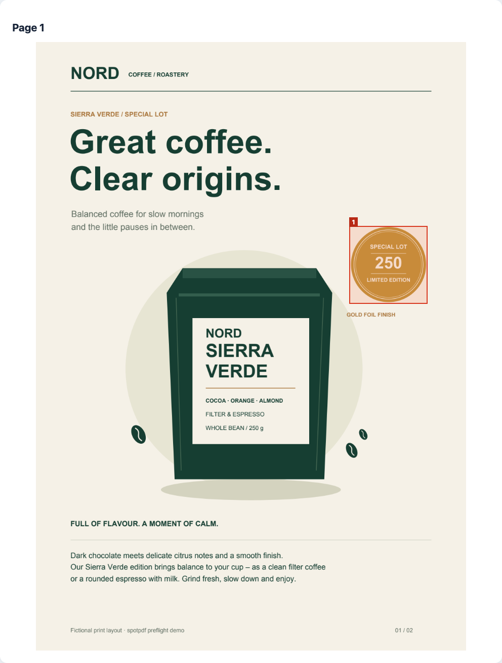 English coffee brochure with the unsupported gold foil seal precisely highlighted and numbered on the original page
