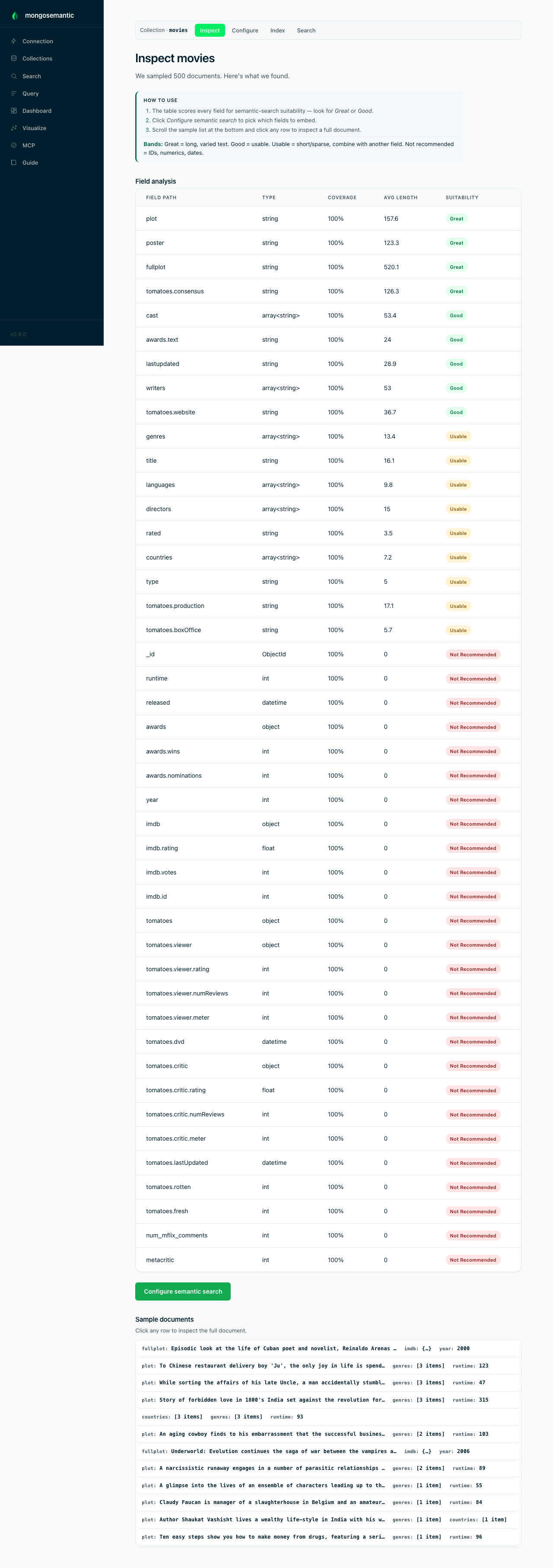 Inspect page — every field of the movies collection scored for semantic-search suitability, with sample documents below