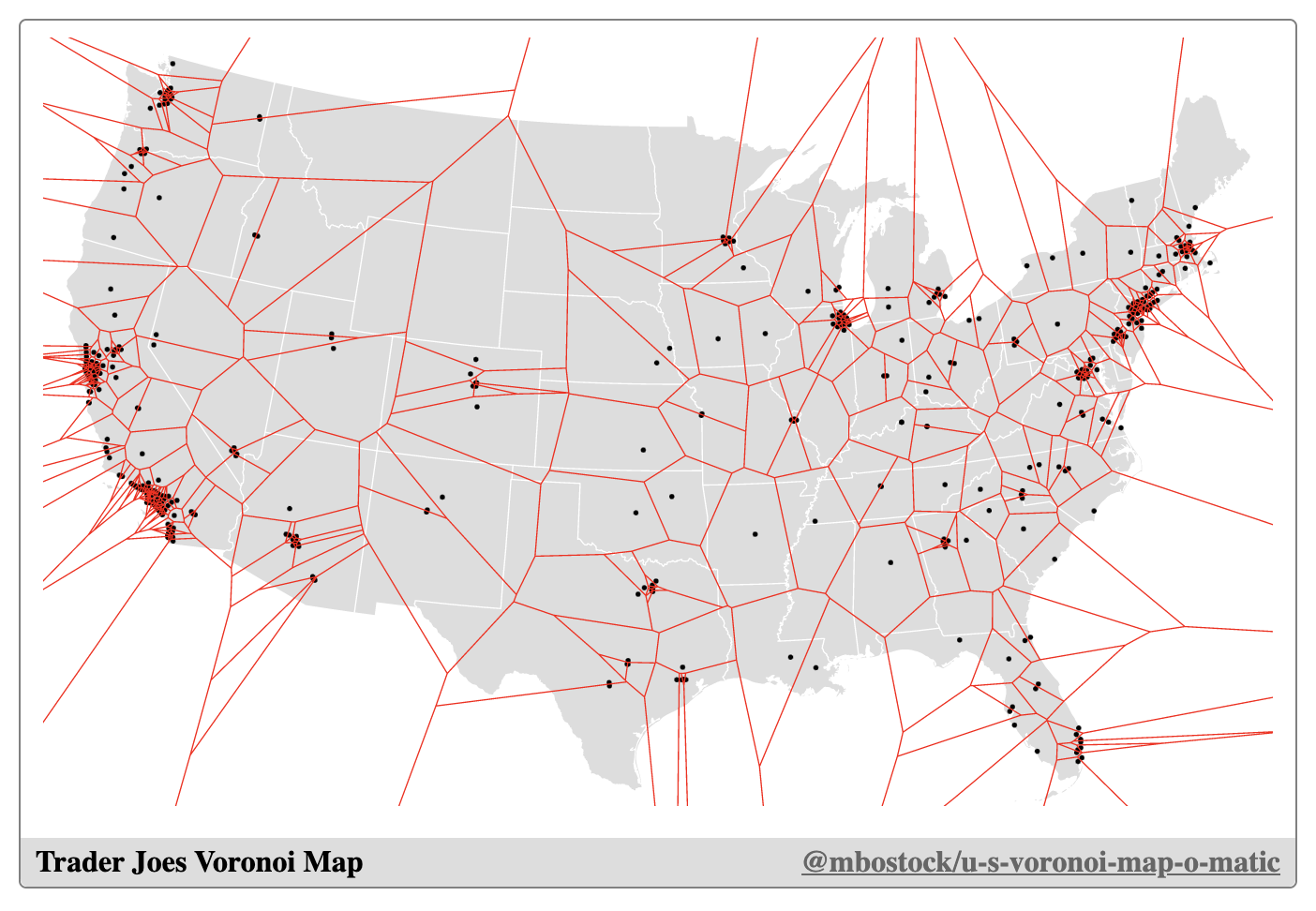 Rendered output of the code above, showing a map of the United States, with points on every Trader Joes's, with a Voronoi map laid on top.