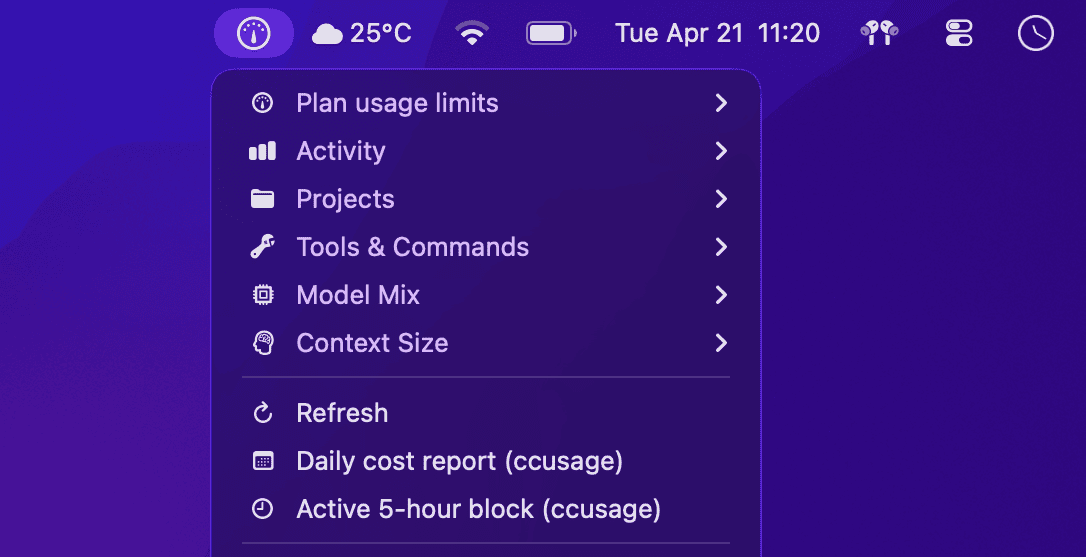 cc-menubar: macOS menu bar gauge icon with a dropdown showing '5-Hour: 55% used • 45% left (resets 6pm · in 4h 12m)' — forecasting runway, not retroactive spend