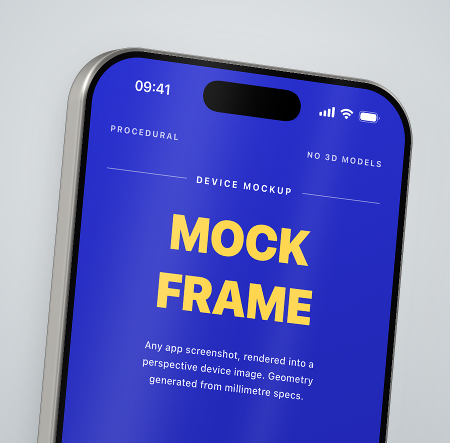 Close-up of the top of a rendered iPhone against a light gradient, showing the status bar at 9:41, small-caps labels and the start of MOCK FRAME in large yellow type on deep blue, with the polished titanium rail running down the left edge