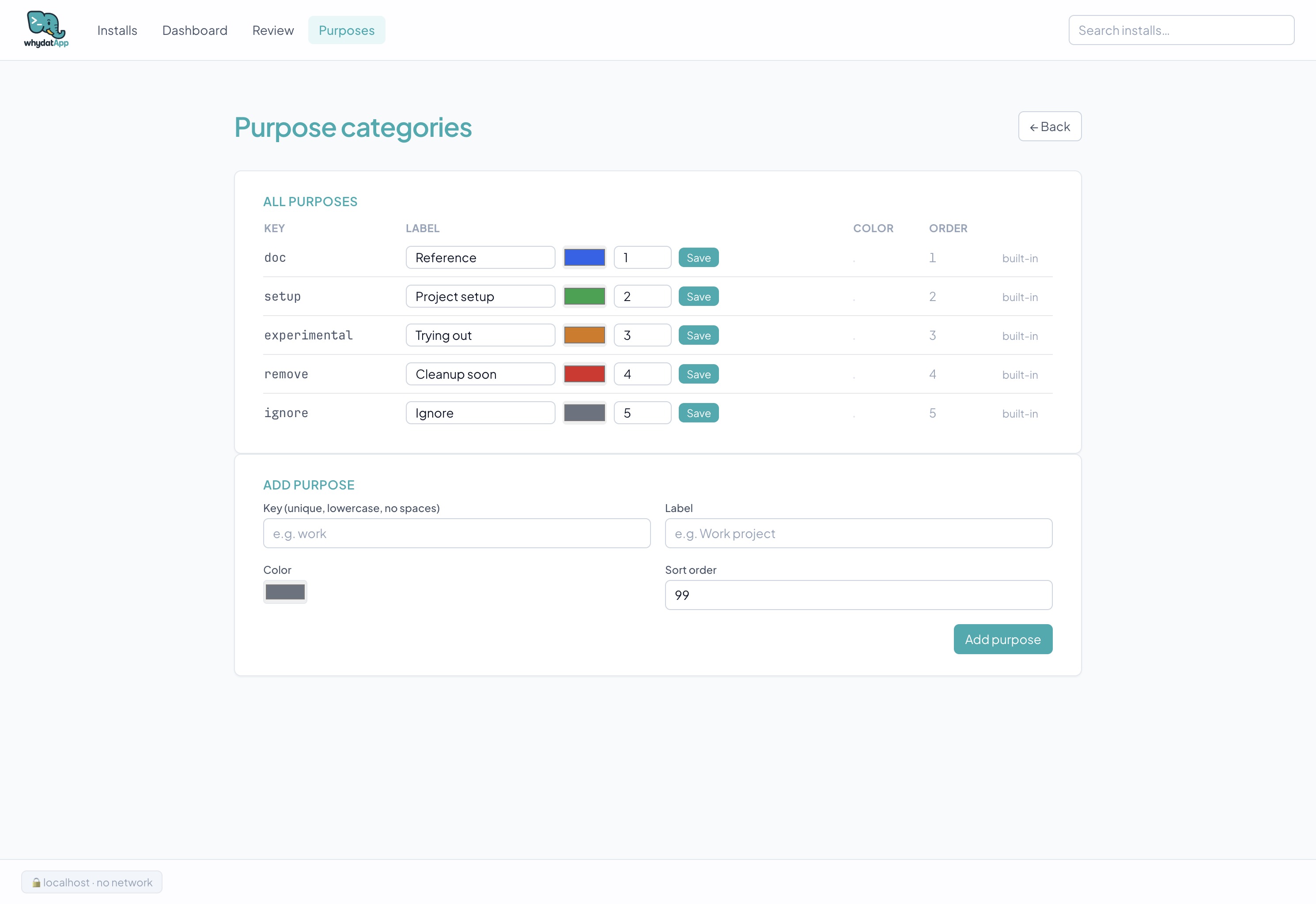 Web UI — Installs list with filters and purpose badges