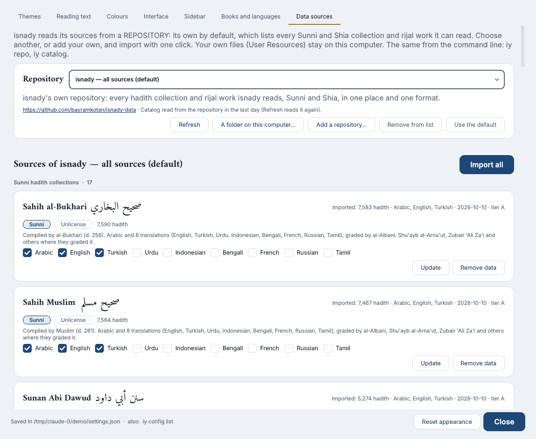Settings → Data sources — isnady-data by default, a folder on this computer, or another repository; its books, Sunni and Shia apart